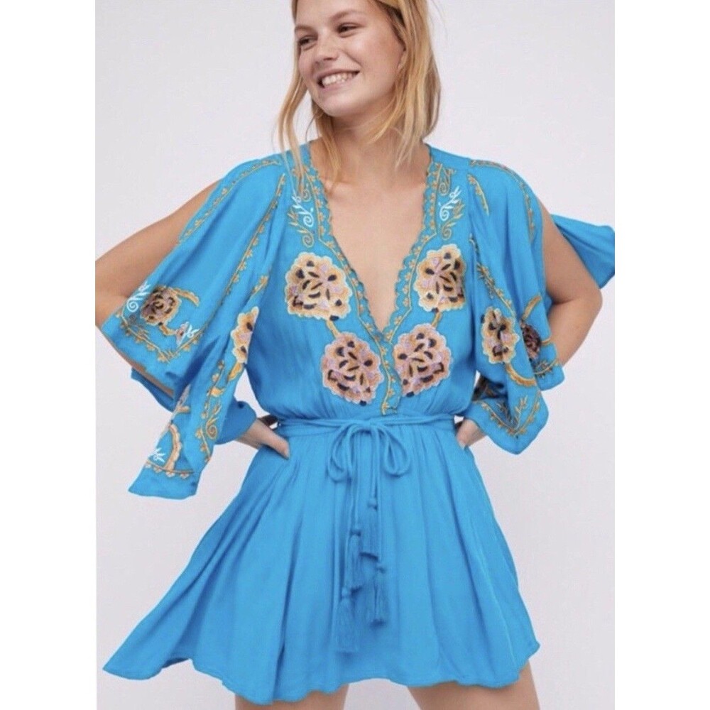 Free People Mini Dress Size S/P Embroidered Tie Waist Boho Blue Viscose OB600169
